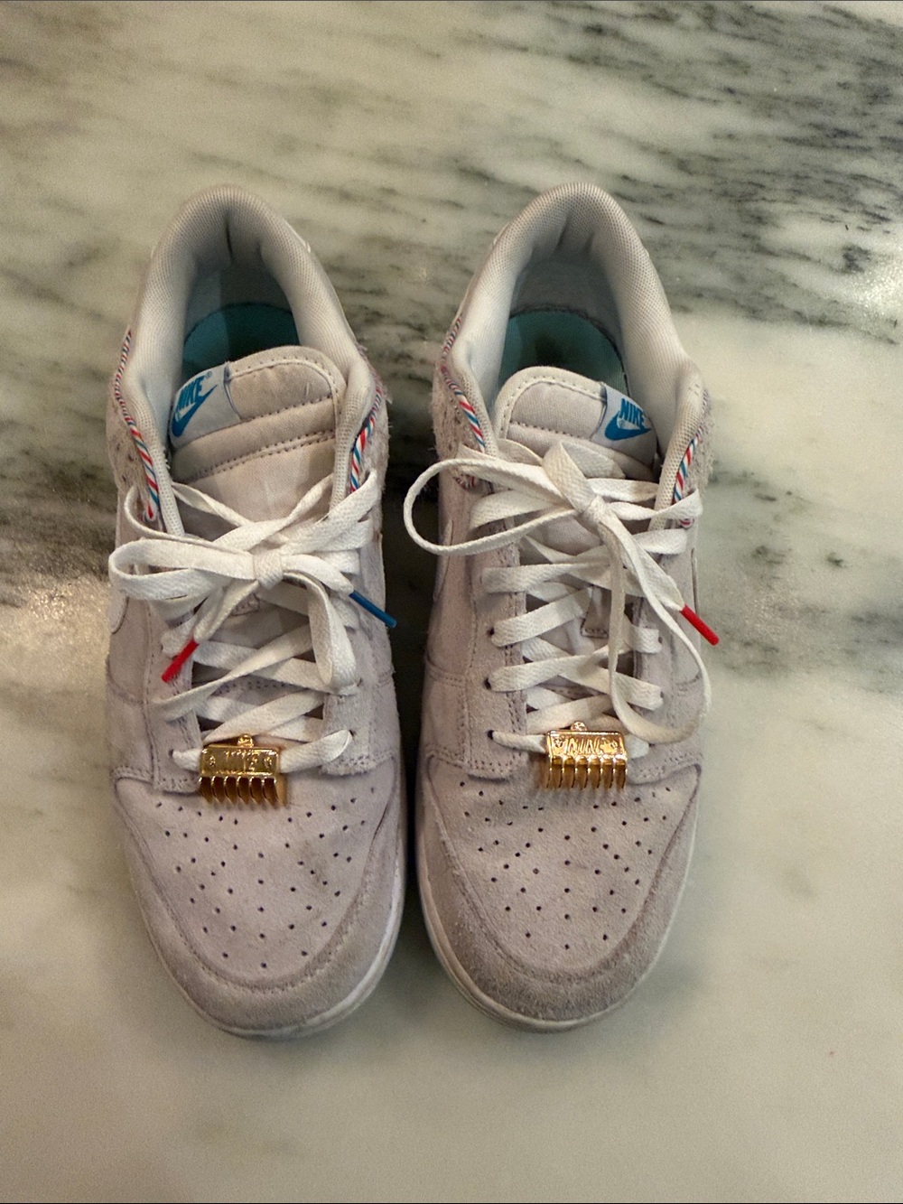 Nike Men’s Dunk Low SE Barber Shop 💈 White Suede Sneakers with Blue Accents